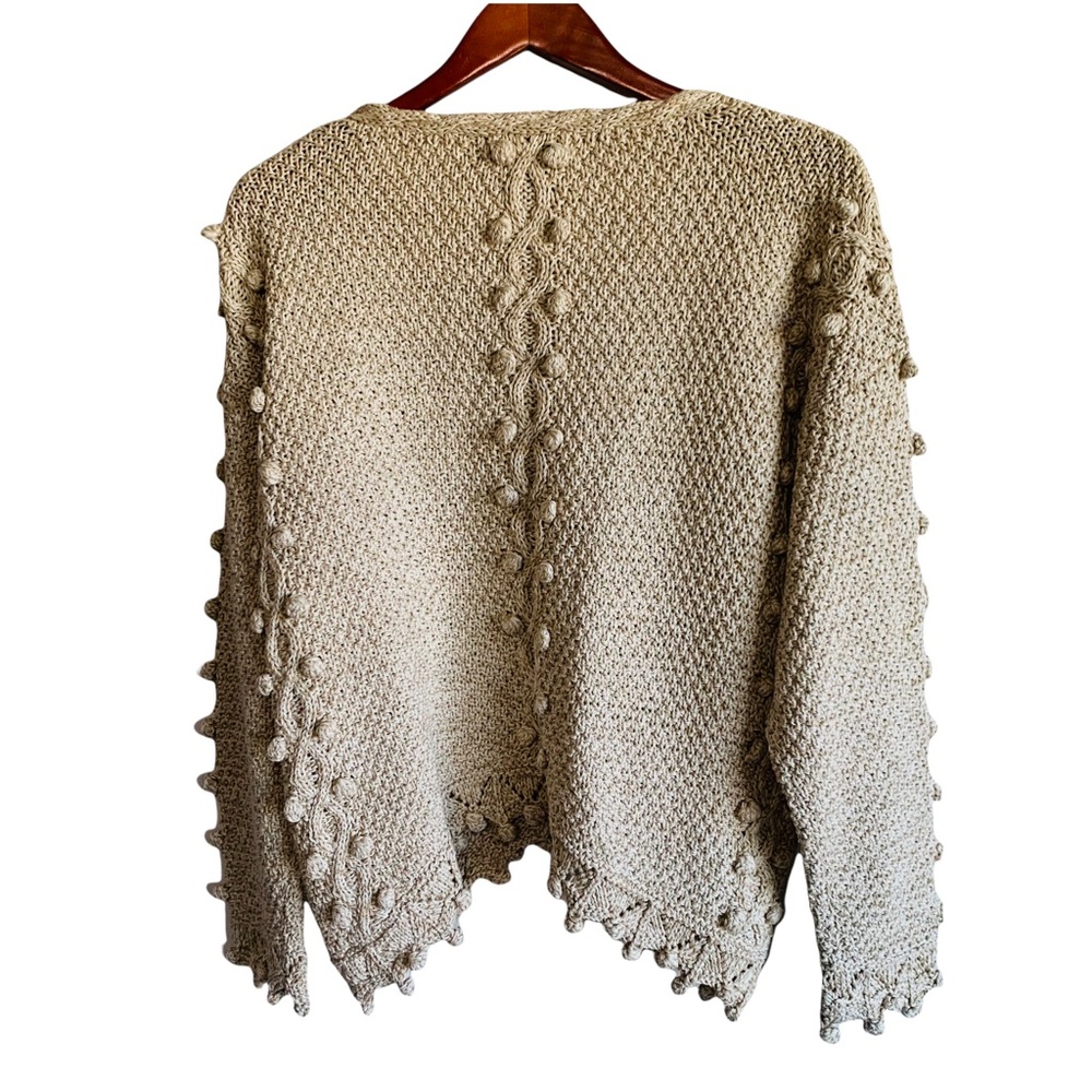 Knitted By Hand Pom Pom Knit Chunky Cotton Sweater Button Up Asymmetric Boho - Picture 6 of 6